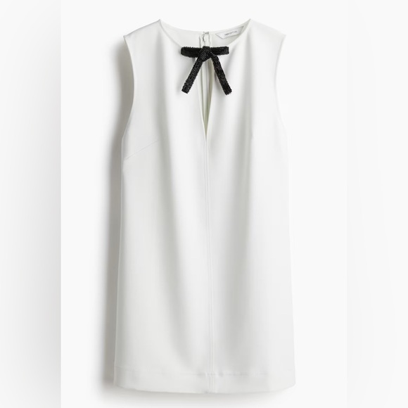 NWT H&M BOW-DETAIL DRESS WHITE W/ BEADED BLACK BOW SIZE LARGE - Picture 1 of 6